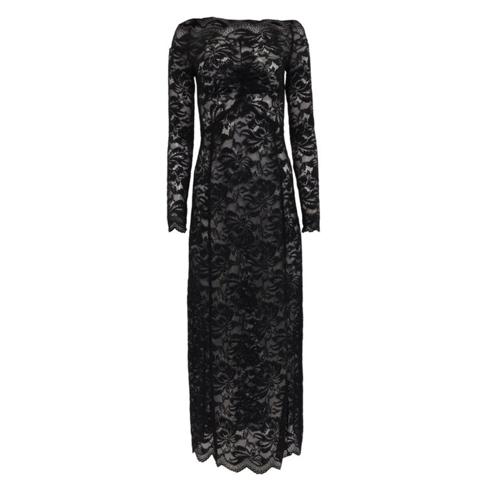 Rabanne Floral-Lace Bardot-Collar Maxi Dress in Black Polyamide
